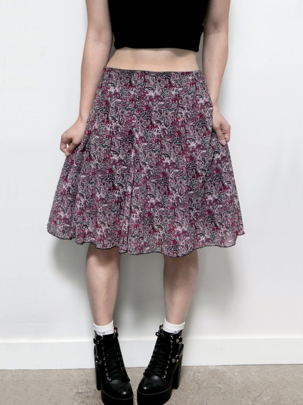 Y2K Fuchsia & Black Paisley Midi Skirt, Flowy Dark Romantic Whimsigoth Vintage